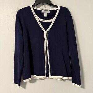 Sutton Studio Navy Blue White Trim Cardigan Tank Shell Sweater Set Womens M‎